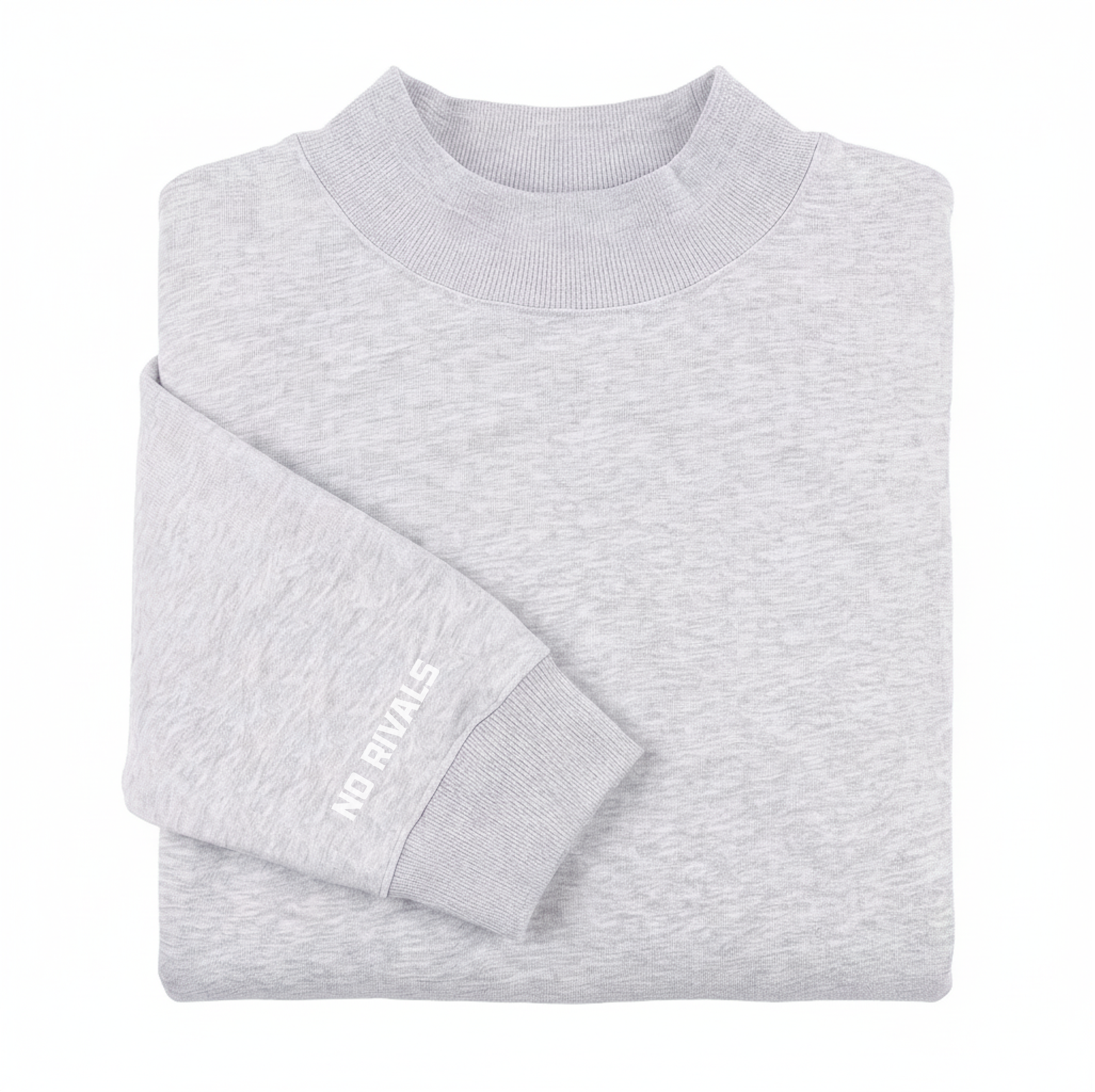 The Takedown Mockneck - Ash Grey - PRE-SALE is a heavyweight cotton sweatshirt in light grey with "NO RIVALS" printed in white on one sleeve cuff, shown folded on a white background.