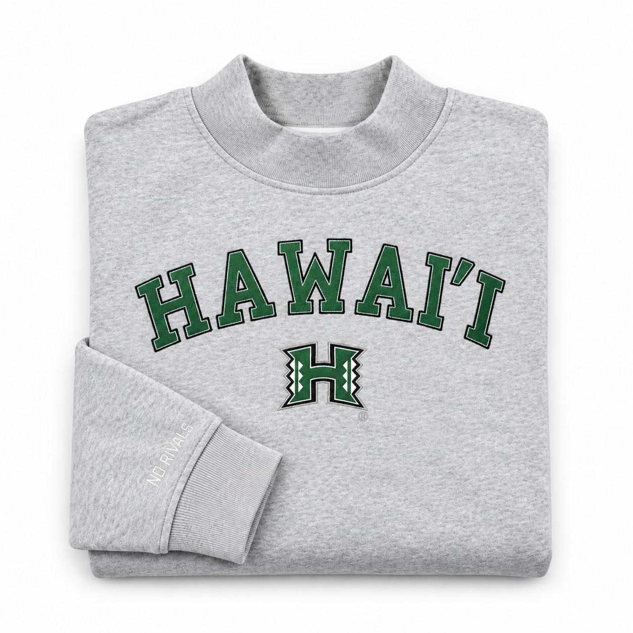 Oversized grey mock neck Hawai’i Mock Neck sweatshirt featuring a green HAWAII and letter H logo printed on the chest.