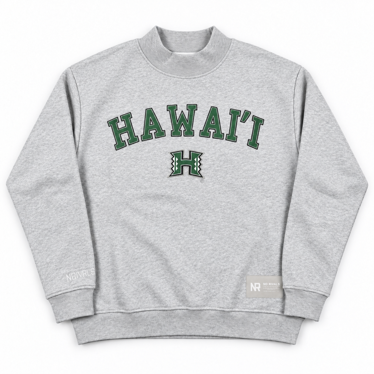 No Rivals Hawai’i Mock Neck oversized grey sweatshirt featuring a green collegiate-style HAWAII text and H logo, crafted from heavyweight cotton.