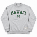 No Rivals Hawai’i Mock Neck oversized grey sweatshirt featuring a green collegiate-style HAWAII text and H logo, crafted from heavyweight cotton.