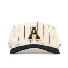 The No Rivals App State Pinstripe Hat (B2B) features cream fabric with black vertical pinstripes, a bold yellow and black “A” patch on the front, a black brim, and an unstructured fit with a snapback for adjustable comfort.
