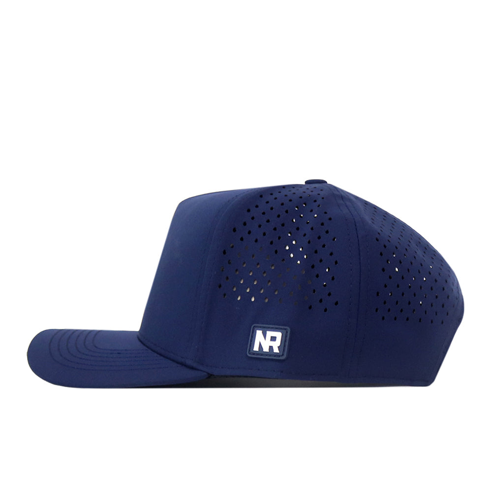 Navy blue No Rivals Montana State Football Hat made from high-quality cotton, featuring a perforated back and an embroidered white NR logo on the side.