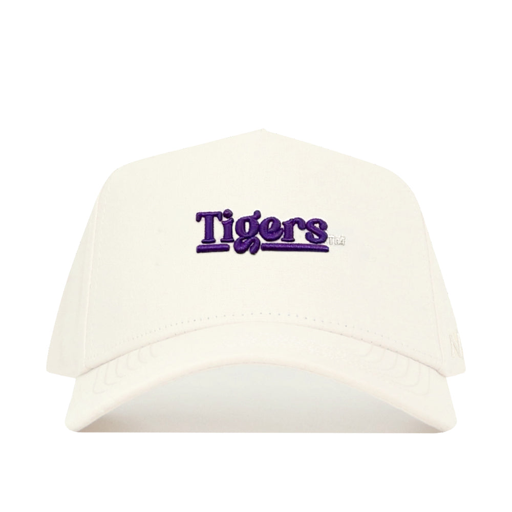 The No Rivals LSU Sideline Hat is a white snapback made from high-quality cotton, featuring "Tigers" embroidered in bold purple on the front for a comfortable, structured fit.
