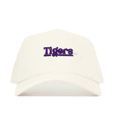 The No Rivals LSU Sideline Hat is a white snapback made from high-quality cotton, featuring "Tigers" embroidered in bold purple on the front for a comfortable, structured fit.