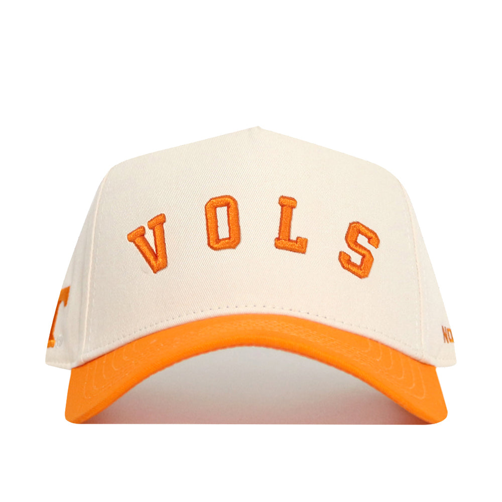 The No Rivals Right Side Up VOLS Hat features classic Tennessee Volunteers colors with "VOLS" embroidered in orange on high-quality white cotton and an orange curved brim. Officially licensed for true fans.