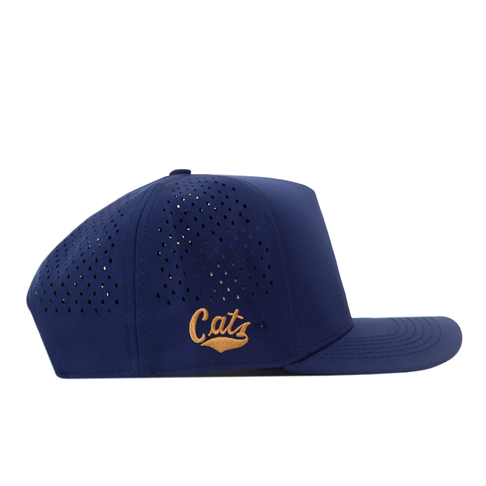 Navy blue No Rivals Montana State Football Hat made of high-quality cotton, featuring side perforations, an embroidered gold Cats logo on the front panel, and a snap back adjustment.
