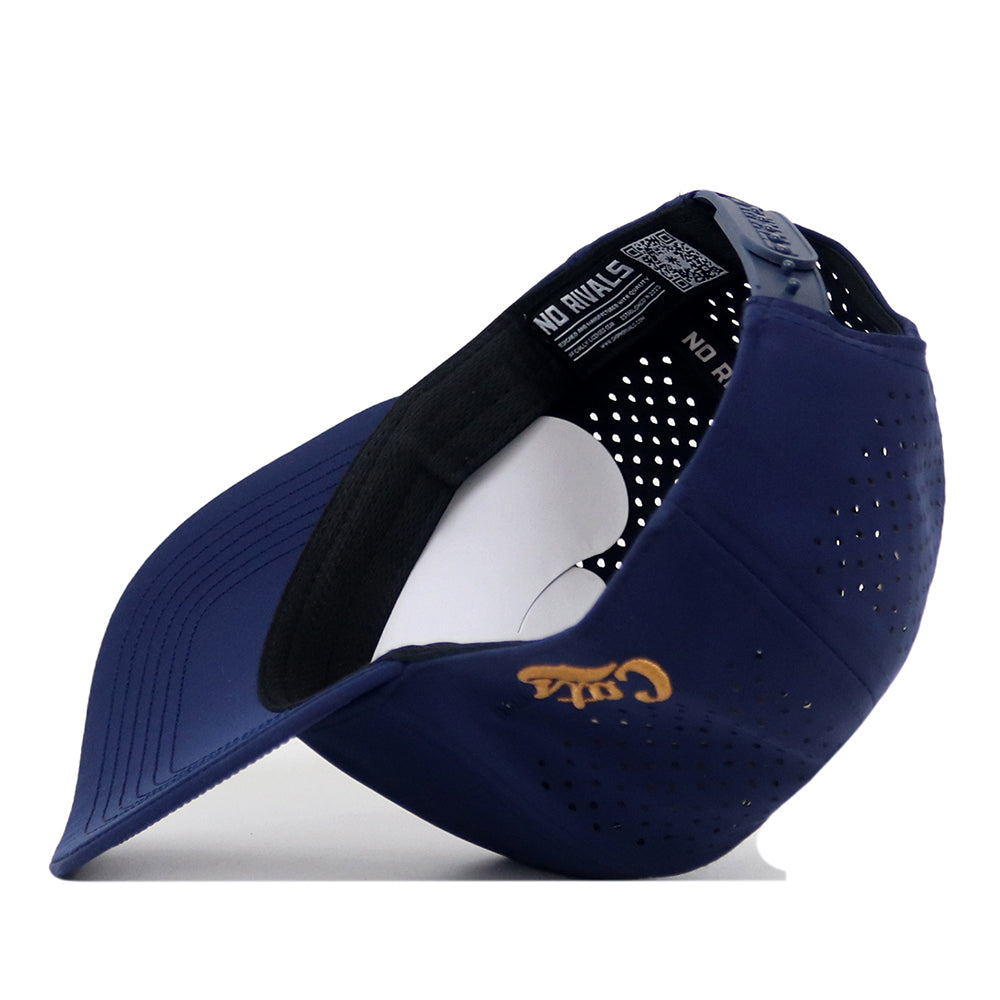 Navy blue Montana State Football Hat - Navy athletic cap with a snapback adjustment, featuring an embroidered logo and perforated side panels.