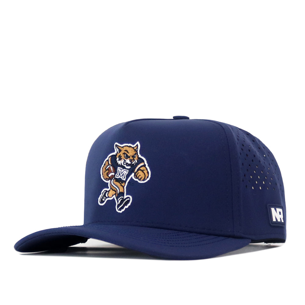 Navy Montana State Football Hat - Navy snapback featuring an embroidered bobcat mascot running with a football on the front and a small officially licensed logo on the side.
