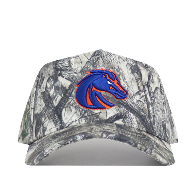 The No Rivals Boise State Outland Hat is a camouflage snapback featuring a blue and orange horse head logo, representing the Broncos. Made from high quality cotton with a structured fit for comfort and style.