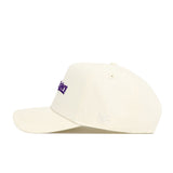 The No Rivals LSU Sideline Hat is a cream snapback made from high-quality cotton, featuring purple embroidered text on the front and white NR initials on the side, displayed from a side angle against a white background.