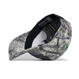 The No Rivals Boise State Outland Hat, a high-quality cotton camouflage baseball cap, is shown upside down on a white background, revealing its structured fit, inner black sweatband, and QR code label.