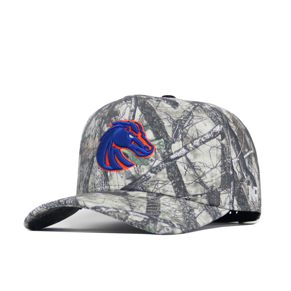 The No Rivals Boise State Outland Hat is a camouflage cotton baseball cap with a blue and orange horse head logo, curved brim, structured fit, and adjustable back strap.