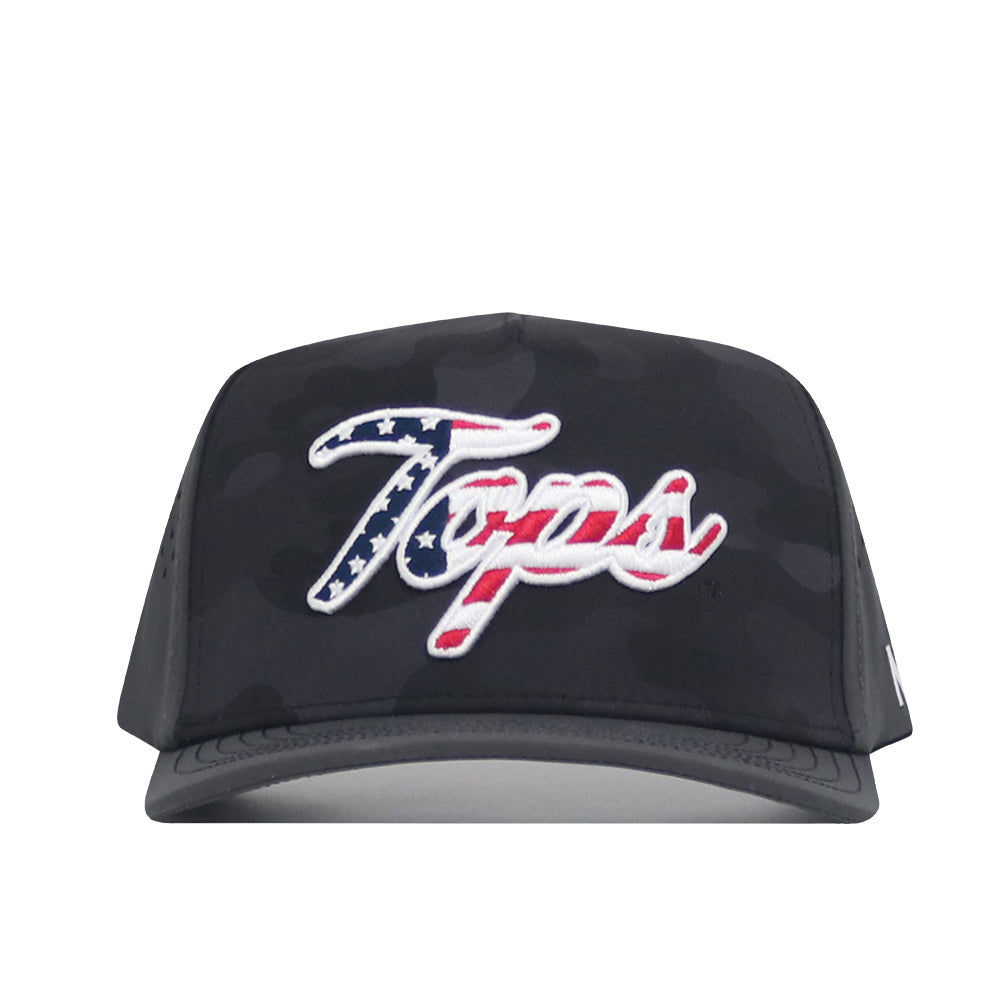 Show your WKU spirit with the No Rivals WKU Hilltoppers Military Appreciation Hat, a black snapback cap featuring an embroidered "Tops" logo in white with red outline and American flag stars and stripes—ideal for gameday.