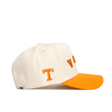 The No Rivals Right Side Up VOLS Hat features a cream snapback design with an orange brim, partial orange "VI" letters on the front, and an embroidered "T" on the side. Made from high-quality cotton for a structured, comfortable fit.