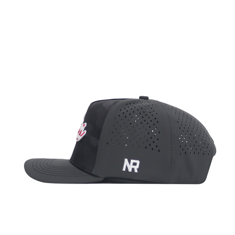 The No Rivals WKU Hilltoppers Military Appreciation Hat is a black snapback with a flat brim, ventilated perforated sides, "NR" embroidered in white, and a bold front logo—perfect to elevate your gameday look.