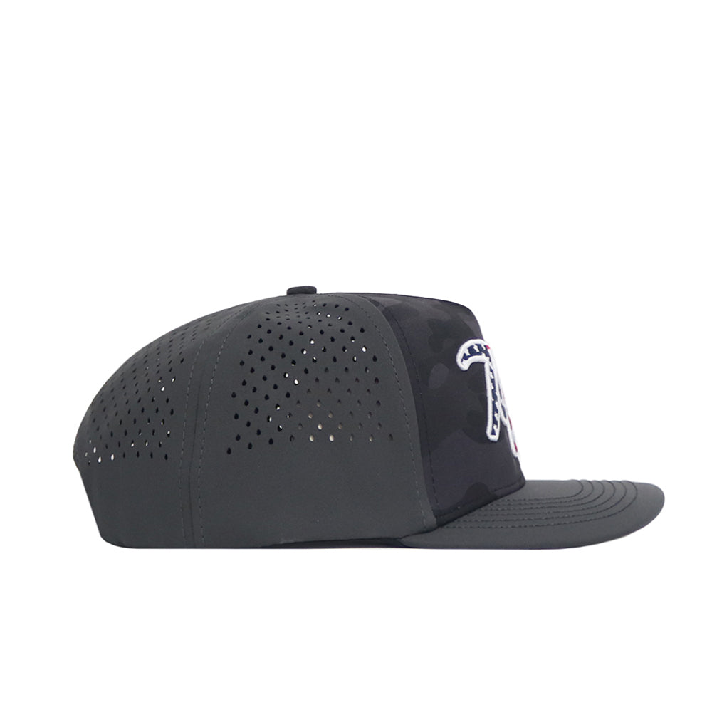 Side view of the No Rivals WKU Hilltoppers Military Appreciation Hat—a black snapback with perforated back, camouflage front panel, and raised white embroidered logo. Perfect for your Gameday fit!.