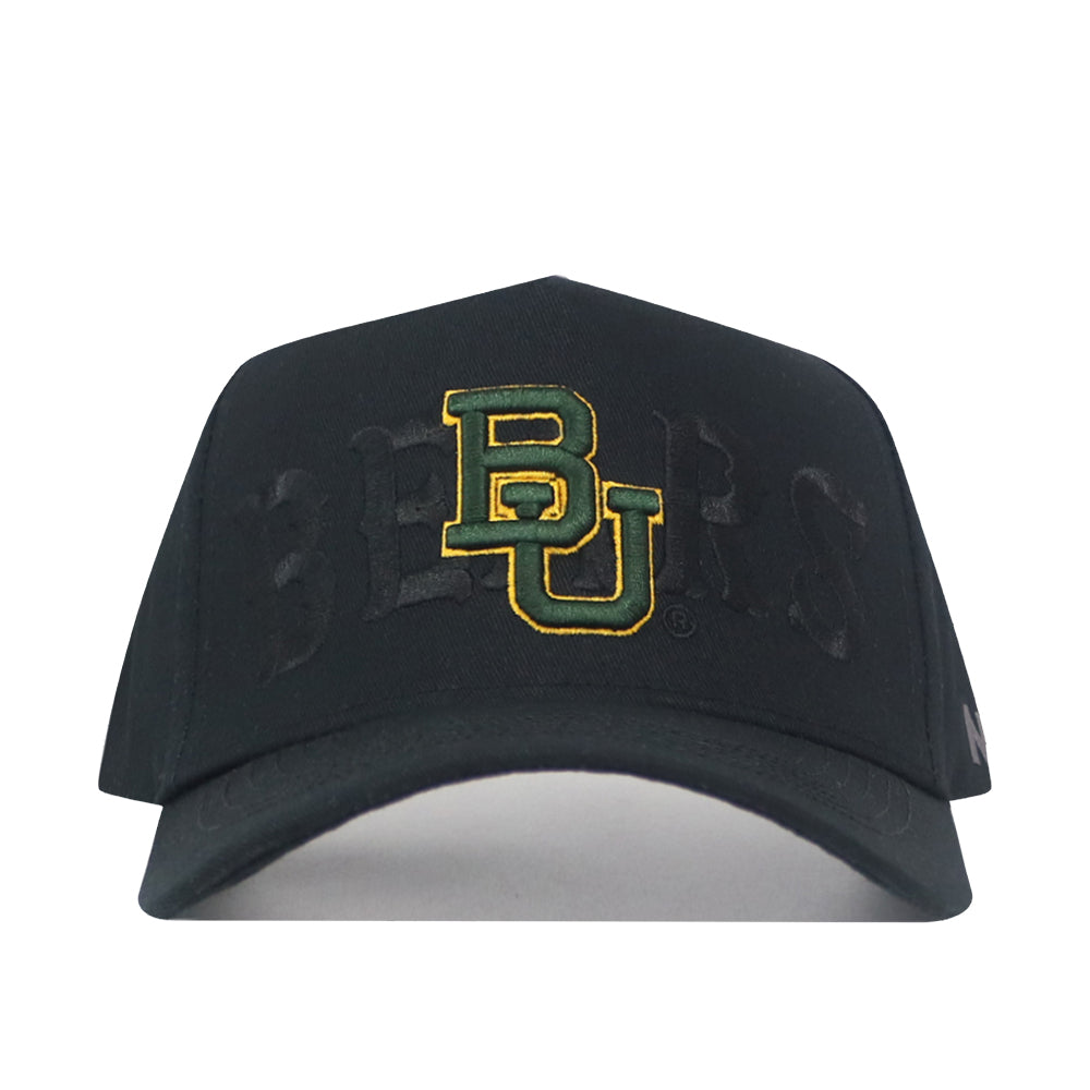 Baylor Bears Night Mode Hat in a black colorway featuring an embroidered green and yellow BU logo on the front and the word BEARS stitched in black across the center.