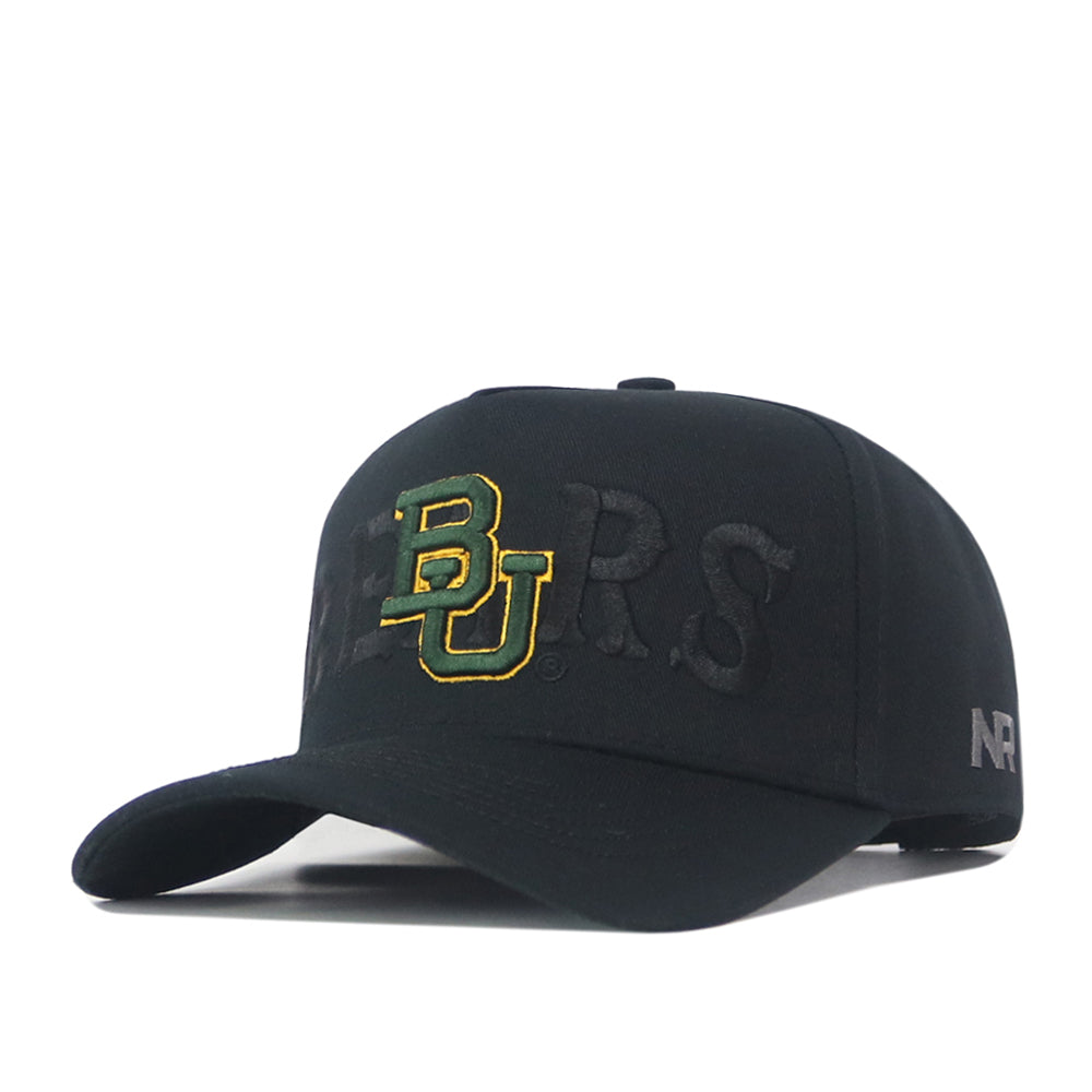Baylor Bears Night Mode Hat, a black snapback featuring an embroidered green and gold BU logo with BEARS stitched across the front in a dark, tonal blackout colorway.