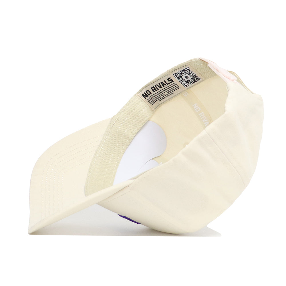 The LSU Sideline Hat by No Rivals is a cream-colored snapback, shown from below to highlight its structured fit, high-quality cotton lining, inner label with NO RIVALS branding, and a QR code next to the adjustable back strap.