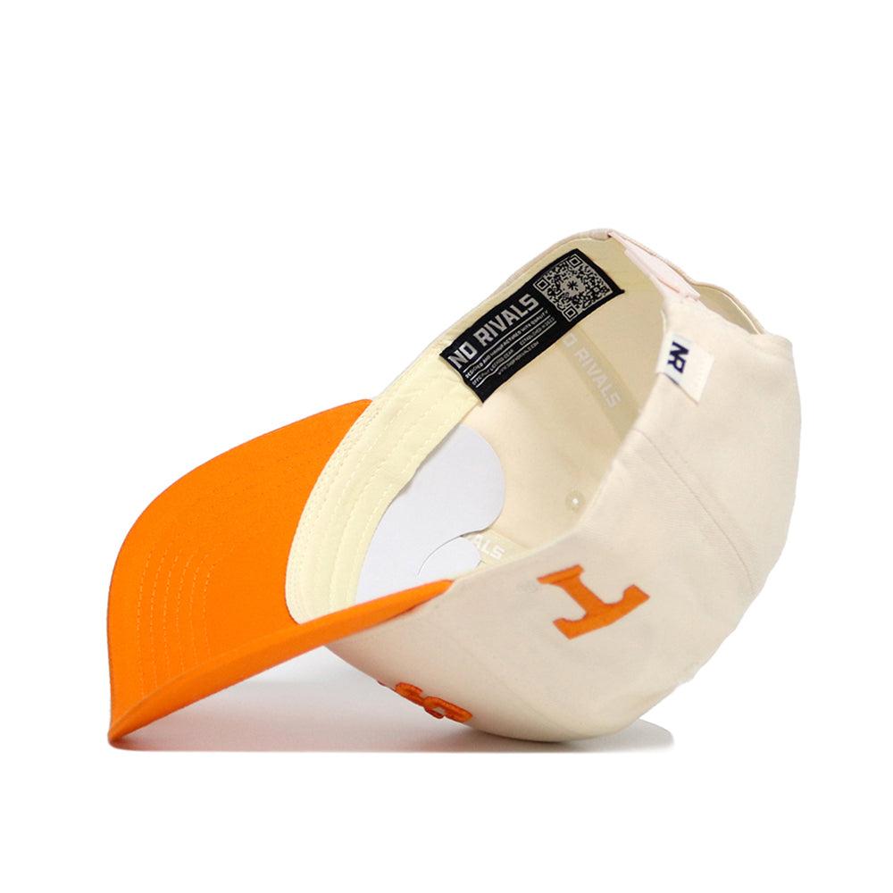 The Right Side Up VOLS Hat by No Rivals features Tennessee Volunteers classic colors—a cream cap with an orange bill and side H. Shown inside out to display the NO RIVALS label, it offers a structured fit for a sharp look.