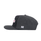 Side view of the No Rivals Georgia Bulldogs Military Appreciation Hat—a black snapback with perforated back panels, flat brim, white NR embroidery, and a partially visible white and red patch on the front. Perfect for your Gameday Fit.