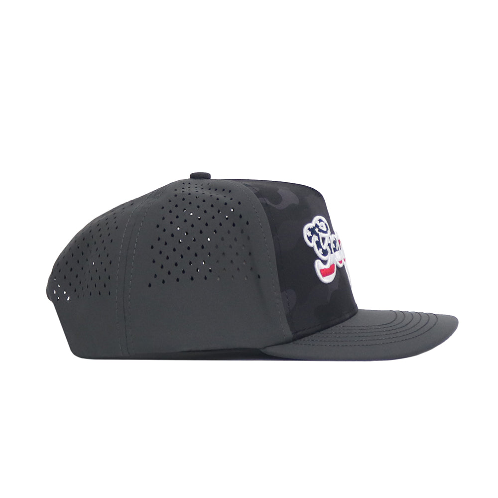 Side view of the No Rivals Georgia Bulldogs Military Appreciation Hat in black, featuring perforated side panels, a flat brim, an embroidered cartoon bear face with red, white & blue accents, and a Snap Back Adjustment for the perfect gameday fit.