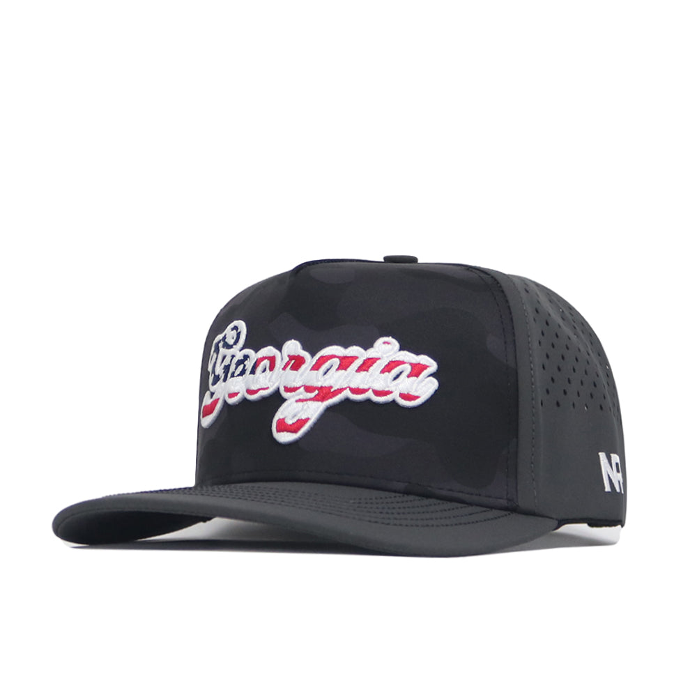 The No Rivals Georgia Bulldogs Military Appreciation Hat is a black snapback cap with "Georgia" in white and red script, perforated side panels, NF initials on the left, and an adjustable snap back for a perfect fit.