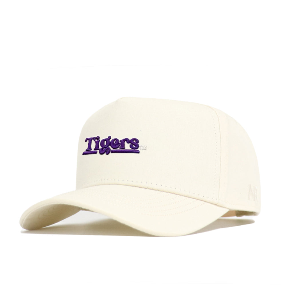 The LSU Sideline Hat by No Rivals is a cream-colored baseball cap featuring “Tigers” embroidered in bold purple on the front. Made of high-quality cotton, it offers a structured fit and curved brim for lasting comfort and style.