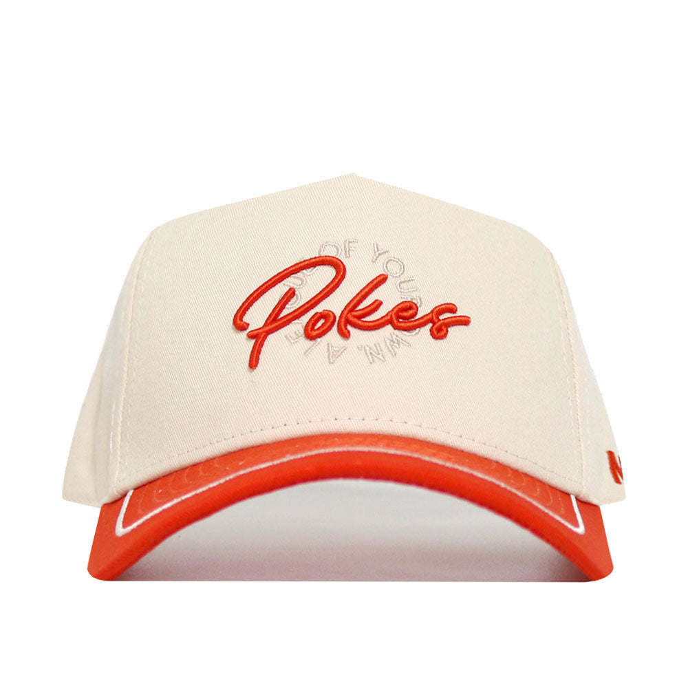 The No Rivals OSU Pokes ALOYO Hat is a cream structured fit snapback, made from premium cotton, with "Pokes" embroidered in red on the front and a red curved brim accented by white trim.
