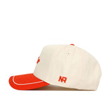 The OSU Pokes ALOYO Hat (B2B) by No Rivals is a white structured cotton cap with a red brim, red top button, white stitching on the brim, and "NR" initials stitched on the left side. This stylish snapback makes a standout statement.