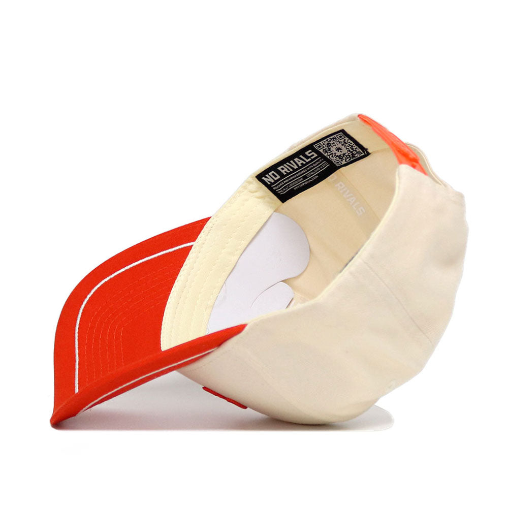 The OSU Pokes ALOYO Hat (B2B) by No Rivals is a cream and red structured-fit cap. Shown upside down, its inside label displays "NO RIVALS" and a QR code near the rim. Made from quality cotton, the red brim has white stitching.