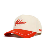 The No Rivals OSU Pokes ALOYO Hat (B2B) is a cream snapback with a red brim, white trim, "Pokes" embroidered in red on the front, and "NF" on the side. Made from high-quality cotton for a comfortable, structured fit.