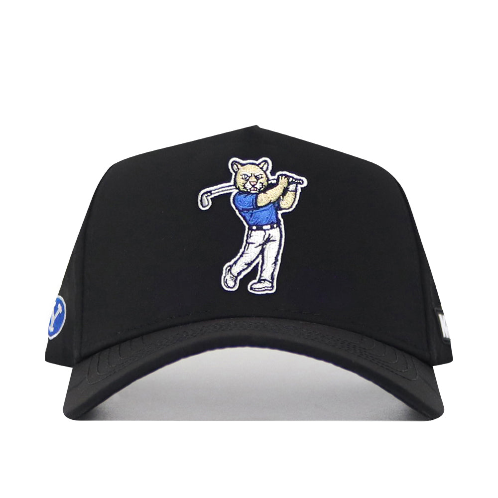 The No Rivals BYU Golf Hat - Black is a snap back cap with an embroidered cartoon cat golfing on the front, dressed in a blue shirt and white pants. Crafted from a comfy polyester-cotton blend for durable, structured wear.
