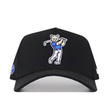 The No Rivals BYU Golf Hat - Black is a snap back cap with an embroidered cartoon cat golfing on the front, dressed in a blue shirt and white pants. Crafted from a comfy polyester-cotton blend for durable, structured wear.