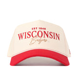 The No Rivals Wisconsin Badgers Vintage Hat features a classic cream and red design with “EST 1848 WISCONSIN Badgers” embroidered on the front in bold red and beige lettering, and comes with a snap back closure for an ideal gameday fit.