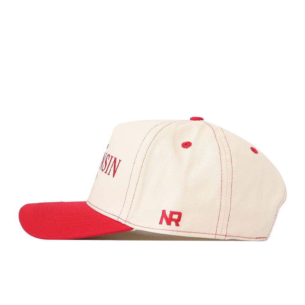 Show off your gameday style with the No Rivals Wisconsin Badgers Vintage Hat—a cream-colored cap featuring a bold red brim, red stitching, and an embroidered NR logo on the side. The front displays part of “WISN” along with an additional embroidered logo for extra flair.