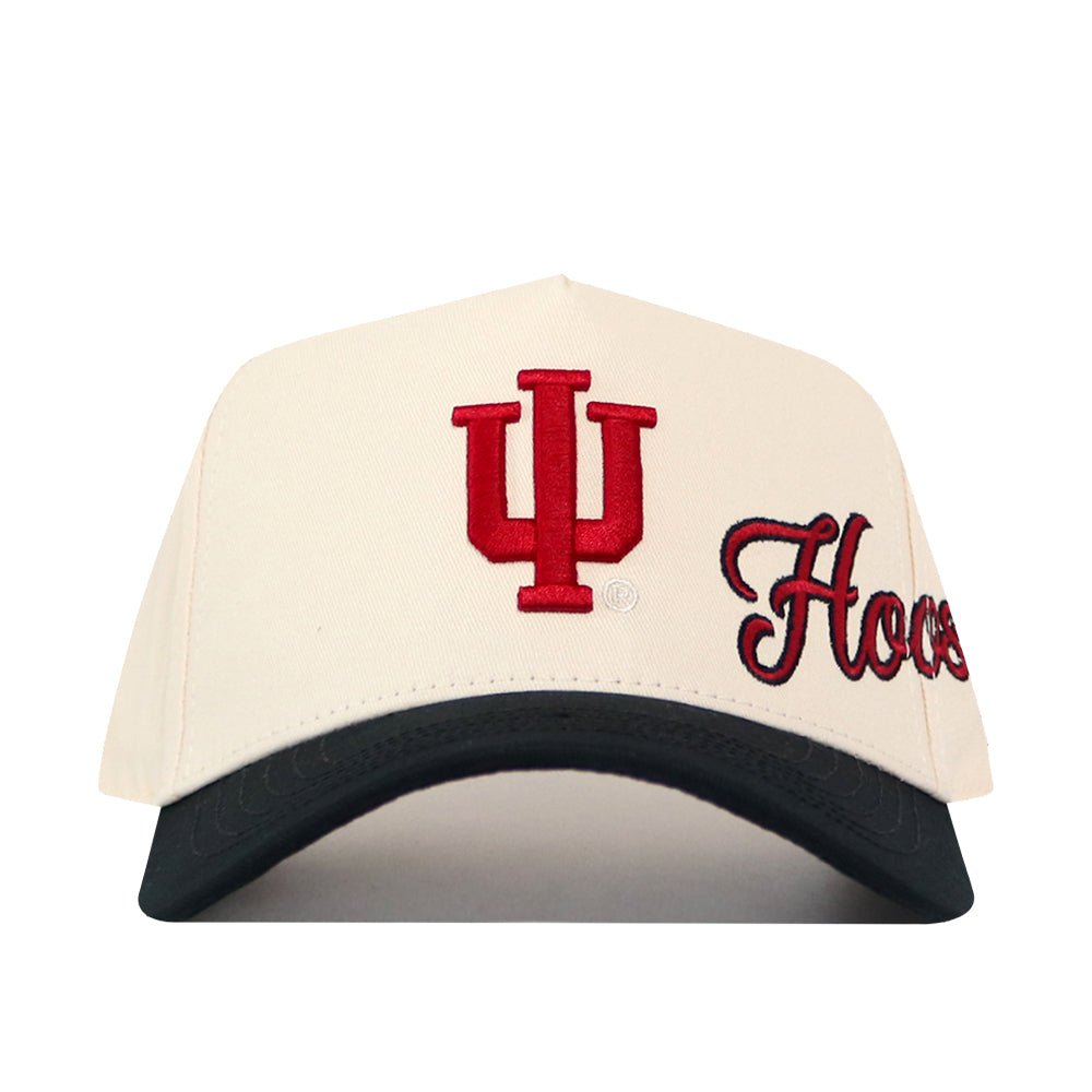 The No Rivals Indiana Hoosiers Halftime Hat features a cream base with an embroidered red IU logo on the front and “Hoosiers” in red script on the right side of the front panel, accented by a black brim. This snapback is the perfect addition to your gameday fit.