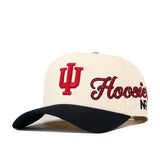 The No Rivals Indiana Hoosiers Halftime Hat is a cream and black snapback featuring a bold red IU embroidered logo on the front and “Hoosiers” on the side—perfect for finishing your gameday look.