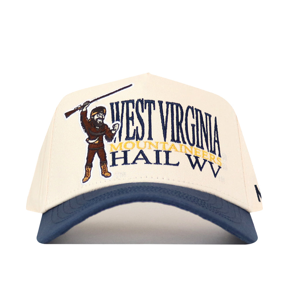 The No Rivals WVU Mountaineers Stacked Mascot Hat is a beige and blue cap made from performance fabric, featuring a front design of a mountaineer holding a rifle with the text “West Virginia Mountaineers Hail WV.” This classic snapback style provides adjustable comfort for every fan.