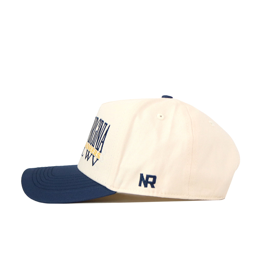 The No Rivals WVU Mountaineers Stacked Mascot Hat features a cream-colored crown with a navy blue brim, a yellow and navy embroidered logo on the front, and “NR” stitched on the side. Made from performance fabric, it has a classic snap back closure and is displayed against a white background.