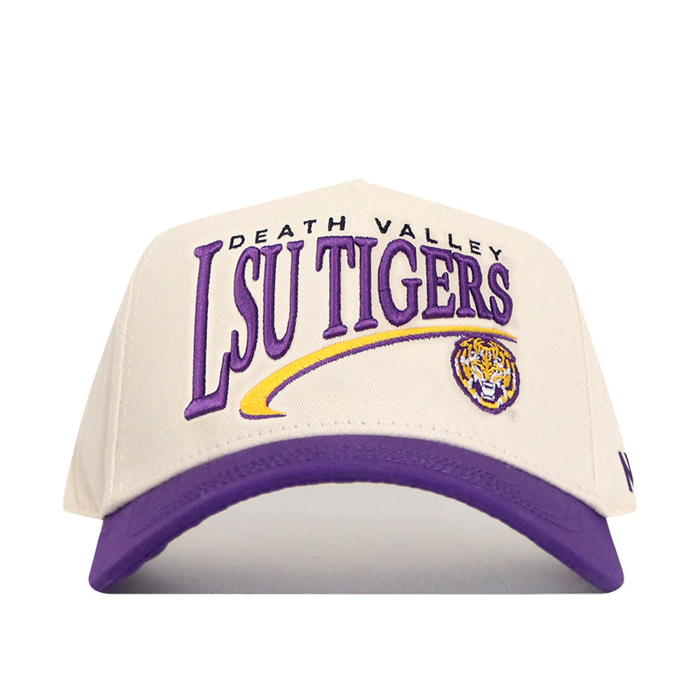 Introducing the LSU Tigers Stride Hat by No Rivals—a white and purple baseball cap featuring the iconic Death Valley LSU Tigers and tiger head logo embroidered on the front. Crafted from high-quality cotton in a structured fit design, this snapback hat combines comfort, style, and undeniable team spirit.