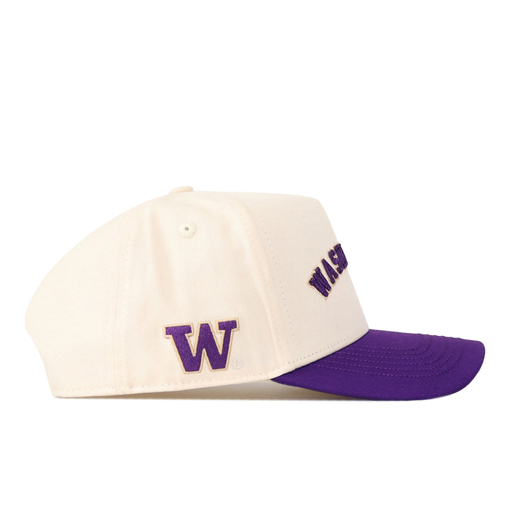 Introducing the Right Side Up Washington Hat – UW – Classic by No Rivals: a cream baseball cap with a purple brim, featuring an embroidered purple W logo on the side and “WASHINGTON” stitched in purple across the front—perfect for topping off your gameday look.