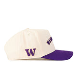 Introducing the Right Side Up Washington Hat – UW – Classic by No Rivals: a cream baseball cap with a purple brim, featuring an embroidered purple W logo on the side and “WASHINGTON” stitched in purple across the front—perfect for topping off your gameday look.