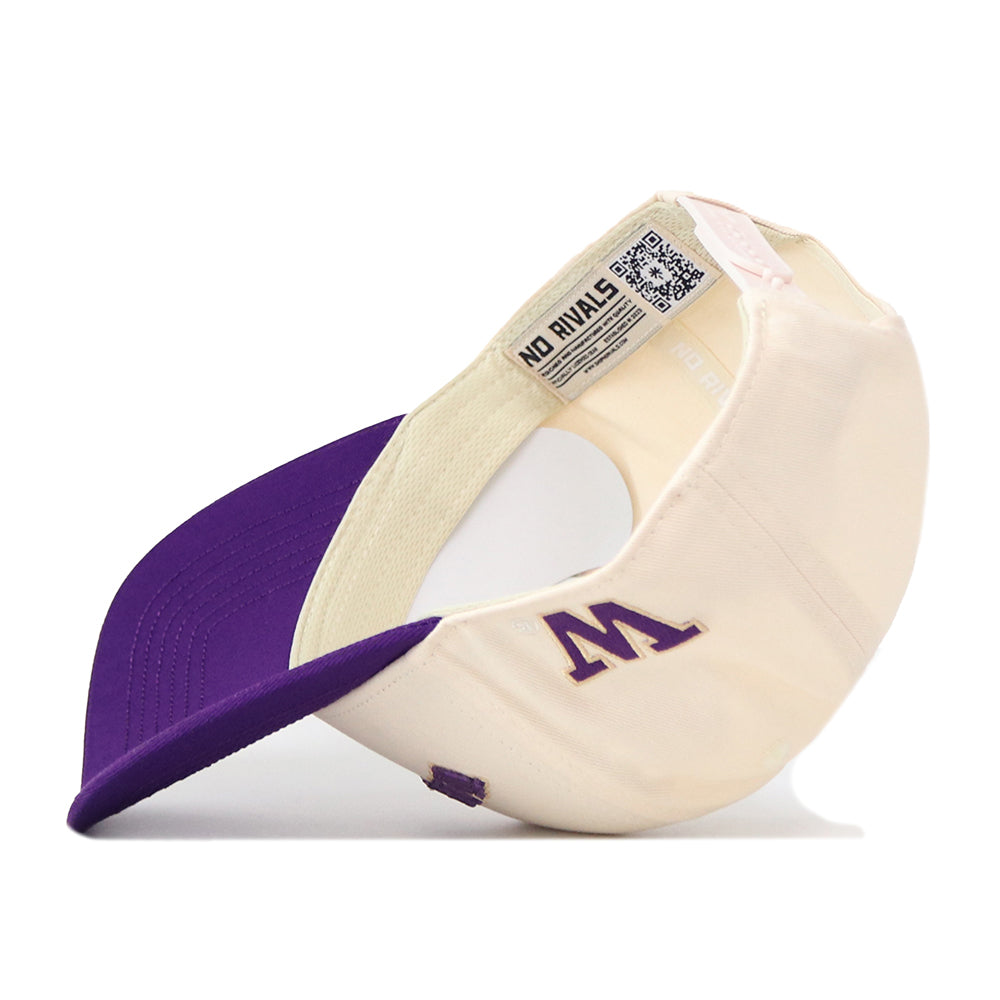 The Right Side Up Washington Hat - UW - Classic by No Rivals features a cream and purple snapback design with a purple embroidered W logo on the side. Shown inside out to highlight the NO RIVALS tag and a QR code on the inner band, this hat is perfect for elevating your gameday fit.