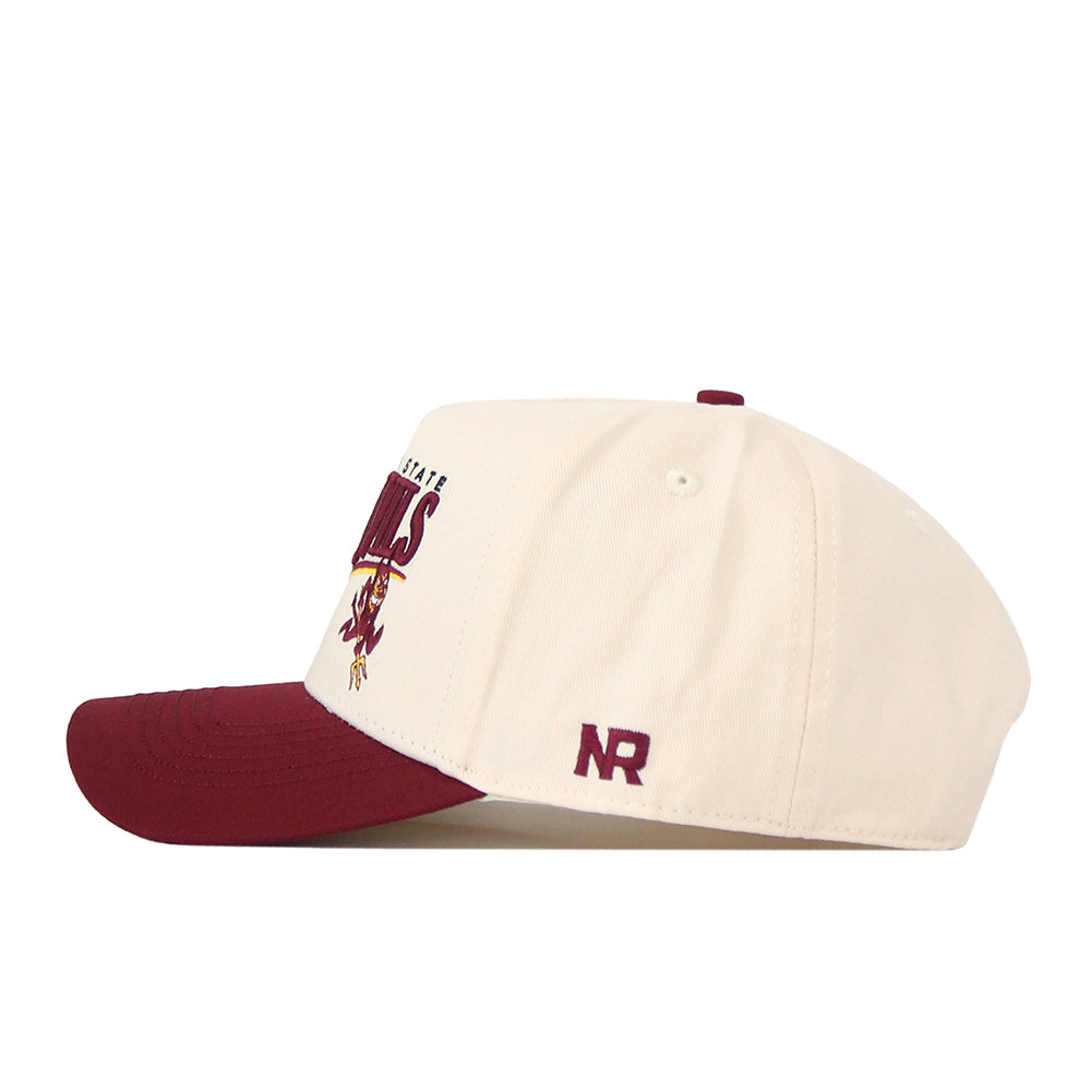 Introducing the Arizona State Sun Devils Stride Hat by No Rivals—a cream snapback baseball cap with a maroon brim, boasting maroon embroidered text and logo on the front, plus NR initials on the side. Crafted from high-quality cotton, this structured hat delivers everyday comfort and standout style.