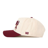 Introducing the Arizona State Sun Devils Stride Hat by No Rivals—a cream snapback baseball cap with a maroon brim, boasting maroon embroidered text and logo on the front, plus NR initials on the side. Crafted from high-quality cotton, this structured hat delivers everyday comfort and standout style.
