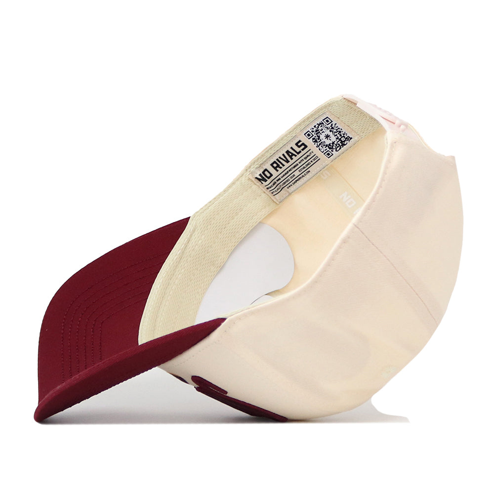 The Arizona State Sun Devils Stride Hat by No Rivals, crafted from high-quality cotton, features a maroon bill, cream panels, and an interior label that reads “NO RIVALS” alongside a QR code. This snapback hat also displays detailed stitching throughout.