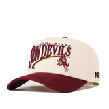 The No Rivals Arizona State Sun Devils Stride Hat is a structured beige and maroon snapback cap, featuring a cartoon devil logo and Arizona State Sun Devils graphics on the front. Made from high-quality cotton, it’s finished with a maroon brim and top button for a classic look.
