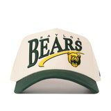 The No Rivals Baylor Bears Stride Hat is a white and green baseball cap featuring the officially licensed Baylor Bears bear logo embroidered on the front, and is finished with a classic snap back closure.
