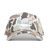 A 5-panel snapback baseball cap, the No Rivals Montana State Script Huntsman Hat features a camouflage pattern and “Montana State” embroidered in white script on the front.